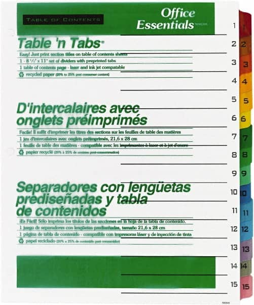 Office Essentials - 11 x 8 1/2" 1 to 15" Label, 15 Tabs, 3-Hole Punched, Preprinted Divider - Multicolor Tabs, White Folder - Caliber Tooling