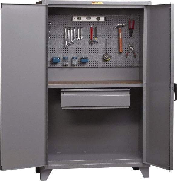 Little Giant - 1 Drawer, Cabinet Work Center - Steel with Flush Front Edge Top, Gray, 60" Wide x 78" High x 27" Long - Caliber Tooling