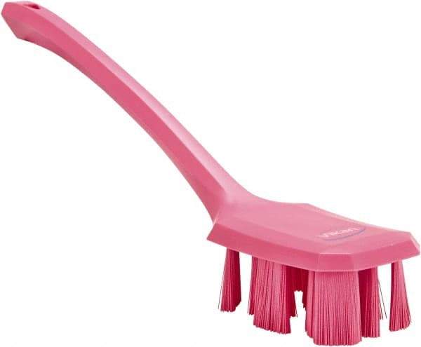 Vikan - 2-3/4" Bristle Length, Polyester Scrub Brush - 12" Long x 2-7/8" Wide Head, 15-1/2" OAL, Long Handle, Pink, Polypropylene Block - Caliber Tooling