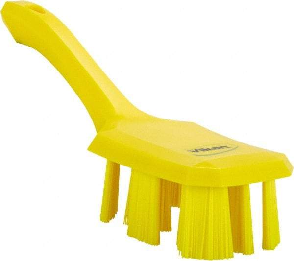 Vikan - 2-3/4" Bristle Length, Polyester Scrub Brush - 8" Long x 2-7/8" Wide Head, 10" OAL, Short Handle, Yellow, Polypropylene Block - Caliber Tooling