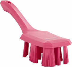 Vikan - 2-3/4" Bristle Length, Polyester Scrub Brush - 8" Long x 2-7/8" Wide Head, 10" OAL, Short Handle, Pink, Polypropylene Block - Caliber Tooling