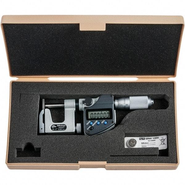 Mitutoyo - 0 to 1" Range, 0.00005" Resolution, Interchangeable Anvil Type Throat IP65 Electronic Outside Micrometer - 0.0002" Accuracy, Friction Thimble, Carbide-Tipped Face, SR44 Battery - Caliber Tooling