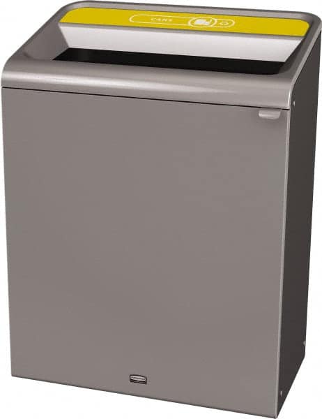 Rubbermaid - 45 Gal Gray Rectangle Decorative Indoor Single Stream Waste Receptacle - Metal, Cans Graphic, 37.965" High x 29.132" Long x 19-1/2" Wide, Lid Included - Caliber Tooling