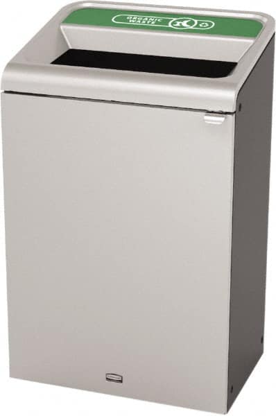 Rubbermaid - 33 Gal Gray Rectangle Decorative Indoor Single Stream Waste Receptacle - Metal, Organic Waste Graphic, 37.965" High x 24.051" Long x 19-1/2" Wide, Lid Included - Caliber Tooling