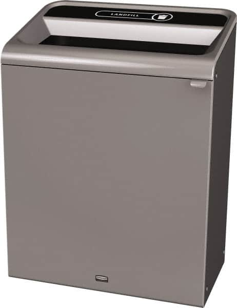 Rubbermaid - 45 Gal Gray Rectangle Decorative Indoor Single Stream Waste Receptacle - Metal, Landfill Graphic, 37.965" High x 29.132" Long x 19-1/2" Wide, Lid Included - Caliber Tooling