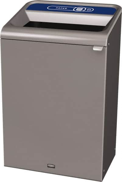 Rubbermaid - 33 Gal Gray Rectangle Decorative Indoor Single Stream Waste Receptacle - Metal, Paper Graphic, 37.965" High x 24.051" Long x 19-1/2" Wide, Lid Included - Caliber Tooling