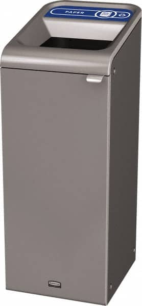 Rubbermaid - 15 Gal Gray Rectangle Decorative Indoor Single Stream Waste Receptacle - Metal, Paper Graphic, 37.965" High x 14.784" Long x 19-1/2" Wide, Lid Included - Caliber Tooling