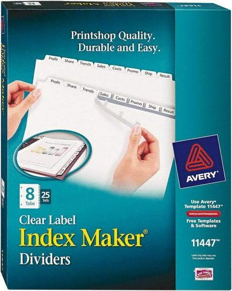 AVERY - 11 x 8-1/2" 8 Tabs, Three Hole Clear Plastic Reinforced Binder Holes, Tab Divider - Clear Tabs, White Folder - Caliber Tooling