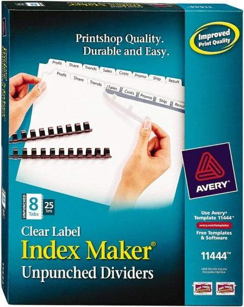 AVERY - 11 x 8-1/2" 8 Tabs, Unpunched Clear Plastic Reinforced, Tab Divider - Clear Tabs, White Folder - Caliber Tooling