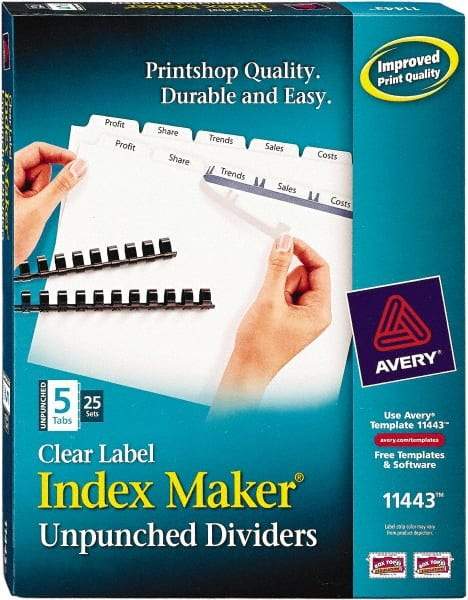 AVERY - 11 x 8-1/2" 5 Tabs, Unpunched Clear Plastic Reinforced, Tab Divider - Clear Tabs, White Folder - Caliber Tooling