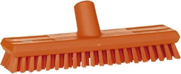 Vikan - 1" Bristle Length, Polyester Scrub Brush - 10-5/8" Long x 2-1/2" Wide Head, 11" OAL, European Threaded Handle, Orange, Polypropylene Block - Caliber Tooling