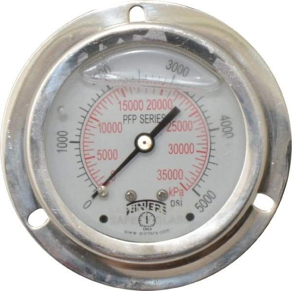 Winters - 2-1/2" Dial, 1/4 Thread, 0-5,000 Scale Range, Pressure Gauge - Front Flange Panel Mount, Center Back Connection Mount, Accurate to 1.6% of Scale - Caliber Tooling