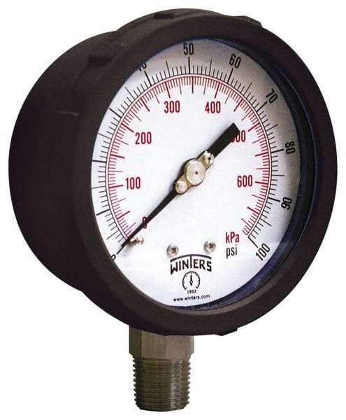 Winters - 4" Dial, 1/4 Thread, 0-160 Scale Range, Pressure Gauge - Lower Connection Mount, Accurate to 1% of Scale - Caliber Tooling