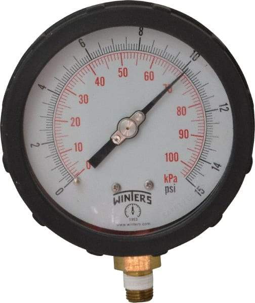 Winters - 4" Dial, 1/4 Thread, 0-15 Scale Range, Pressure Gauge - Lower Connection Mount, Accurate to 1% of Scale - Caliber Tooling