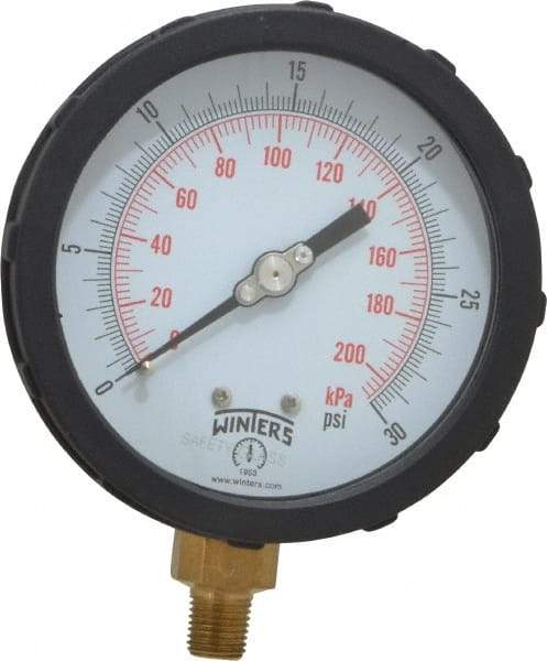 Winters - 4" Dial, 1/4 Thread, 0-30 Scale Range, Pressure Gauge - Lower Connection Mount, Accurate to 1% of Scale - Caliber Tooling