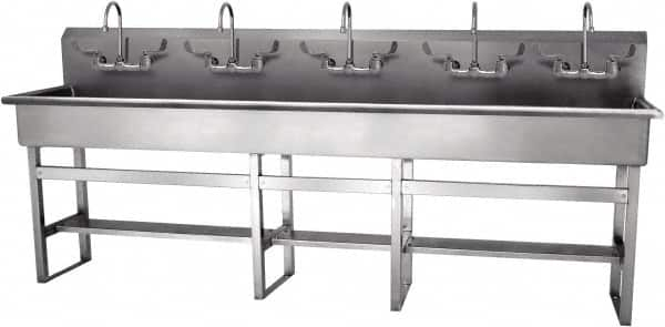 SANI-LAV - 97" Long x 16-1/2" Wide Inside, 1 Compartment, Grade 304 Stainless Steel Hand Sink-Pedestal Mount - 16 Gauge, 100" Long x 20" Wide x 45" High Outside, 8" Deep - Caliber Tooling