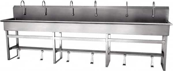 SANI-LAV - 117" Long x 16-1/2" Wide Inside, 1 Compartment, Grade 304 Stainless Steel Hands Free Hand Sink - 16 Gauge, 120" Long x 20" Wide x 45" High Outside, 8" Deep - Caliber Tooling