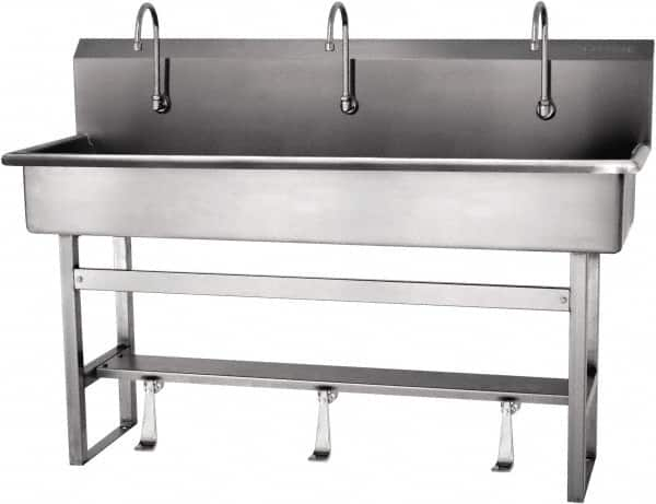 SANI-LAV - 57" Long x 16-1/2" Wide Inside, 1 Compartment, Grade 304 Stainless Steel Hands Free Hand Sink - 16 Gauge, 60" Long x 20" Wide x 45" High Outside, 8" Deep - Caliber Tooling