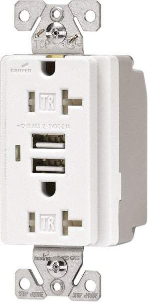 Cooper Wiring Devices - 2 USB Port, 2 Receptacle, 125 VAC, 5 VDC USB Receptacle - 5-15R NEMA Configuration, 20 Amp, White, 2.1 Amp Charging Power, Automatic Grounding, Screw Mount - Caliber Tooling