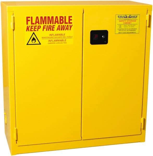 PRO-SAFE - 2 Door, 1 Shelf, Yellow Steel Standard Safety Cabinet for Flammable and Combustible Liquids - 44" High x 43" Wide x 18" Deep, Self Closing Door, 3 Point Key Lock, 30 Gal Capacity - Caliber Tooling