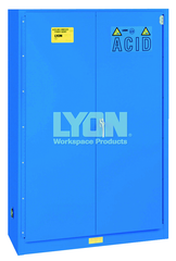 Acid Storage Cabinet - #5545 - 43 x 18 x 65" - 45 Gallon - w/2 shelves, three poly trays, bi-fold self-closing door - Blue Only - Caliber Tooling