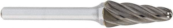 OSG - 1/2" Cut Diam, 1/4" Shank Diam, Cone Head Fluted Cut Burr - Carbide, Radius End, 1-1/8" LOC, 2" OAL - Caliber Tooling