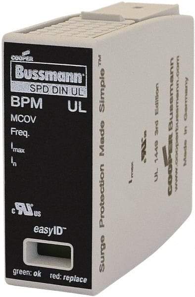 Cooper Bussmann - 1 Pole, 1 Phase, 20 kA Nominal Current, 90mm Long x 18mm Wide x 65mm Deep, Thermoplastic Hardwired Surge Protector - DIN Rail Mount, 125 kA Short Circuit Current, 347 VAC, 600 VAC Operating Voltage, 40 kA Surge Protection - Caliber Tooling