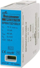 Cooper Bussmann - 1 Pole, 1 Phase, 10 kA Nominal Current, 90mm Long x 18mm Wide x 65mm Deep, Thermoplastic Hardwired Surge Protector - DIN Rail Mount, 100 VDC, 75 VAC, 100 VDC, 75 VAC Operating Voltage, 40 kA Surge Protection - Caliber Tooling