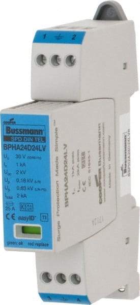 Cooper Bussmann - 2 Pole, 1 Phase, 1 kA Nominal Current, 90mm Long x 18mm Wide x 66mm Deep, Thermoplastic Hardwired Surge Protector - DIN Rail Mount, 24 VAC/VDC, 30 VAC/VDC Operating Voltage, 4 kA Surge Protection - Caliber Tooling