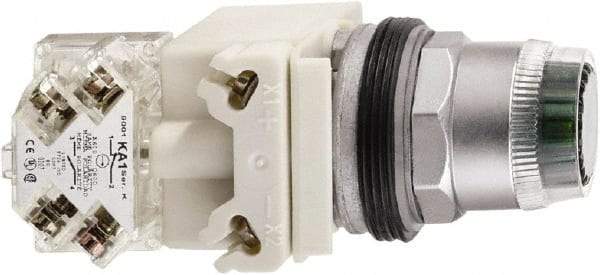 Schneider Electric - 1.22 Inch Mount Hole, Flush, Pushbutton Switch with Contact Block - Round, Illuminated, Momentary (MO), Dusttight, Oiltight, Watertight and Shock and Vibration Resistant - Caliber Tooling