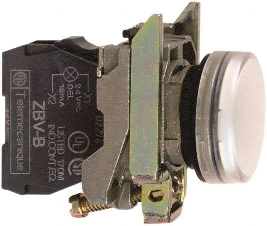 Square D - 110-120 VAC White Lens LED Indicating Light - Round Lens, Screw Clamp Connector, 46.5mm OAL x 30mm Wide, Shock Resistant, Vibration Resistant - Caliber Tooling