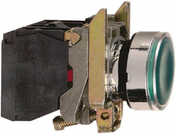 Schneider Electric - 22mm Mount Hole, Flush, Pushbutton Switch with Contact Block - Round, Green Pushbutton, Illuminated, Momentary (MO) - Caliber Tooling