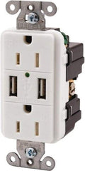 Hubbell Wiring Device-Kellems - 2 USB Port, 2 Receptacle, 125 VAC, 5 VDC USB Receptacle - 5-15R NEMA Configuration, 15 Amp, White, 3.8 Amp Charging Power, Screw Mount - Caliber Tooling