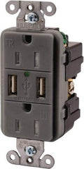 Hubbell Wiring Device-Kellems - 2 USB Port, 2 Receptacle, 125 VAC, 5 VDC USB Receptacle - 5-15R NEMA Configuration, 15 Amp, Gray, 3.8 Amp Charging Power, LED Indicator Light - Caliber Tooling