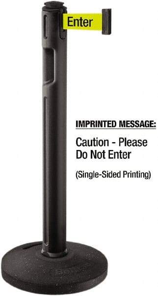 Lavi Industries - 38-1/4" High, 3-1/4" Pole Diam, Stanchion - 16" Base Diam, Dome Recycled Rubber Base, Black Plastic Post, 12' x 2" Tape, Single Line Tape, For Outdoor Use - Caliber Tooling