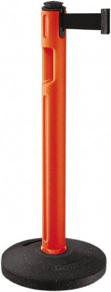 Lavi Industries - 38-1/4" High, 3-1/4" Pole Diam, Stanchion - 16" Base Diam, Dome Recycled Rubber Base, Orange Plastic Post, 12' x 2" Tape, Single Line Tape, For Outdoor Use - Caliber Tooling