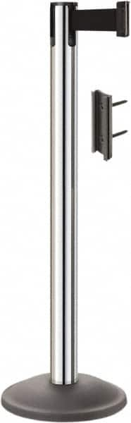 Lavi Industries - 38-1/2" High, 2-3/4" Pole Diam, Stanchion - 12-1/2" Base Diam, Round Steel Base, Polished Chrome (Color) Steel Post, 7' x 2" Tape, Single Line Tape - Caliber Tooling