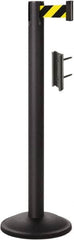 Lavi Industries - 38-1/2" High, 2-3/4" Pole Diam, Stanchion - 12-1/2" Base Diam, Round Steel Base, Black Steel Post, 7' x 2" Tape, Single Line Tape - Caliber Tooling