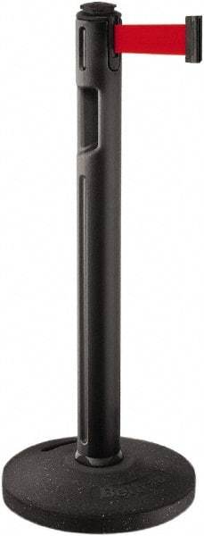 Lavi Industries - 38-1/4" High, 3-1/4" Pole Diam, Stanchion - 16" Base Diam, Dome Recycled Rubber Base, Black Plastic Post, 12' x 2" Tape, Single Line Tape, For Outdoor Use - Caliber Tooling