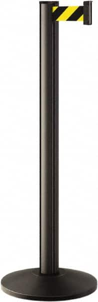 Lavi Industries - 40" High, 2-3/4" Pole Diam, Stanchion - 14" Base Diam, Dome Cast Iron Base, Black Aluminum Post, 7' x 2" Tape, Single Line Tape - Caliber Tooling