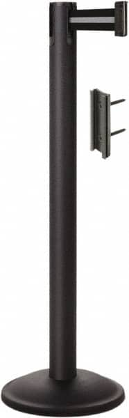 Lavi Industries - 38-1/2" High, 2-3/4" Pole Diam, Stanchion - 12-1/2" Base Diam, Round Steel Base, Black Steel Post, 7' x 2" Tape, Single Line Tape - Caliber Tooling