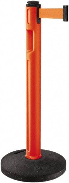 Lavi Industries - 38-1/4" High, 3-1/4" Pole Diam, Stanchion - 16" Base Diam, Dome Recycled Rubber Base, Orange Plastic Post, 12' x 2" Tape, Single Line Tape, For Outdoor Use - Caliber Tooling