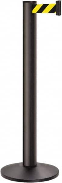 Lavi Industries - 40" High, 2-3/4" Pole Diam, Stanchion - 14" Base Diam, Dome Cast Iron Base, Black Aluminum Post, 13' x 2" Tape, Single Line Tape - Caliber Tooling