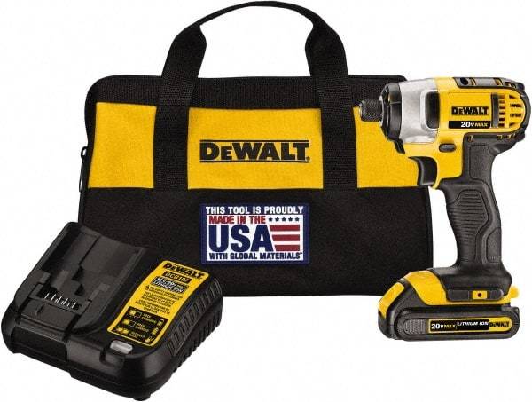 DeWALT - 20 Volt, 1/4" Drive, 117 Ft/Lb Torque, Cordless Impact Driver - Mid-Handle, 2800 RPM, 1 Lithium-Ion Battery Included - Caliber Tooling