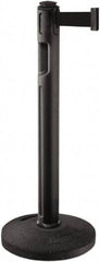 Lavi Industries - 38-1/4" High, 3-1/4" Pole Diam, Stanchion - 16" Base Diam, Dome Recycled Rubber Base, Black Plastic Post, 12' x 2" Tape, Single Line Tape, For Outdoor Use - Caliber Tooling