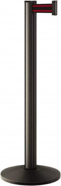 Lavi Industries - 40" High, 2-3/4" Pole Diam, Stanchion - 14" Base Diam, Dome Cast Iron Base, Black Aluminum Post, 7' x 2" Tape, Single Line Tape - Caliber Tooling