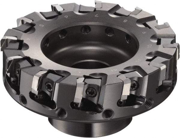 Sumitomo - 6" Cut Diam, 5/8" Arbor Hole, 2.374" Max Depth of Cut, 90° Indexable Chamfer & Angle Face Mill - 18 Inserts, NF-LDEN Insert, Right Hand Cut, 18 Flutes, Through Coolant, Series HF - Caliber Tooling