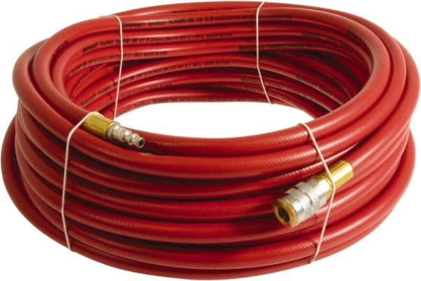 Continental ContiTech - 3/8" ID x 0.6" OD 25' Long Multipurpose Air Hose - Industrial Interchange Safety Coupler x Male Plug Ends, 300 Working psi, -10 to 158°F, 1/4" Fitting, Red - Caliber Tooling