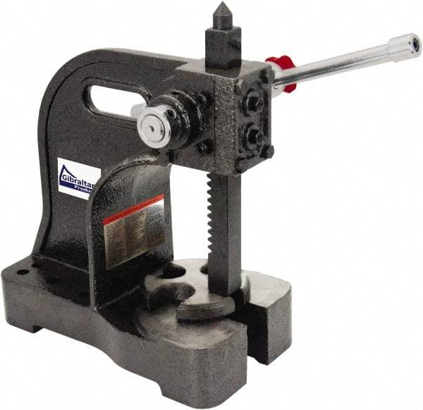 Gibraltar - 3/4" Ram, 3-1/4" Throat Depth, 1/2 Ton Manual Arbor Press - 4-1/2" Max Work Height x 6-1/2" Max Work Width, Single Leverage, 20:1 Leverage Ratio, 4" Base Width x 4" Base Depth - Caliber Tooling