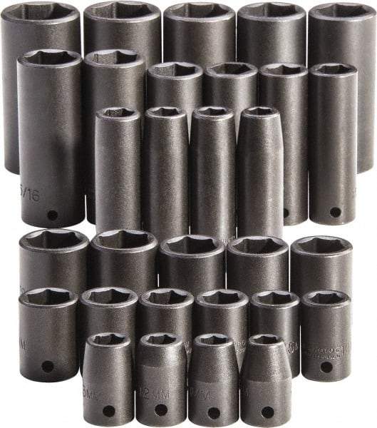 Proto - 30 Piece 1/2" Drive Full Polish Finish Impact Socket Set - 6 Points, 1-1/4" to 1-1/4" (10mm to 24mm) Range, Inch/Metric Measurement Standard - Caliber Tooling